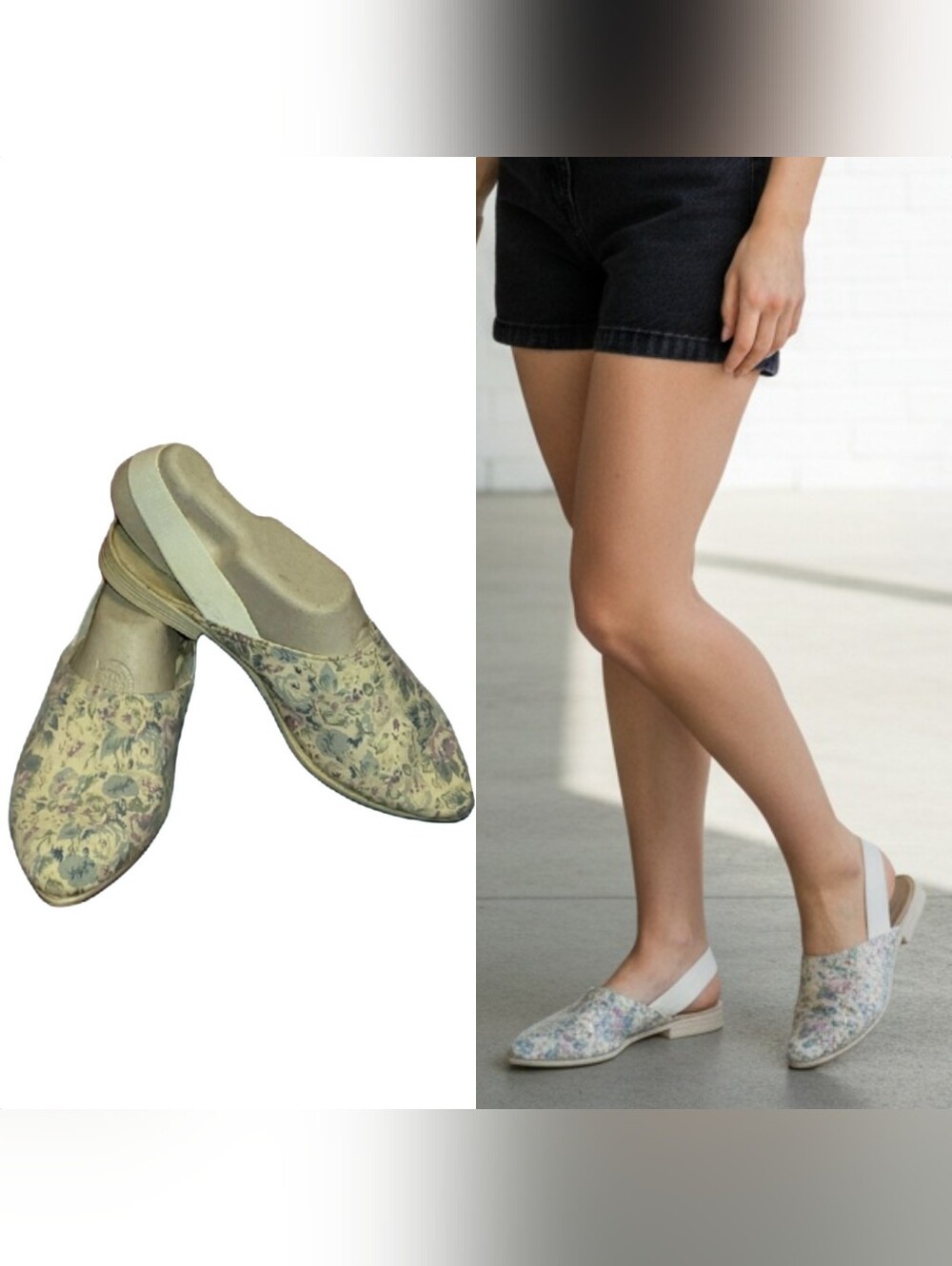 Vtg 80s 90s Coasters cream floral fabric pointed toe elastic slingback flats 7.5